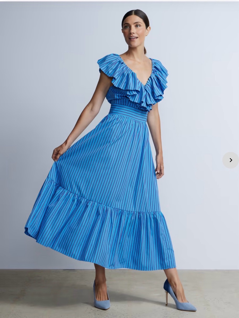 New York & Company Blue Striped Ruffle Maxi Dress